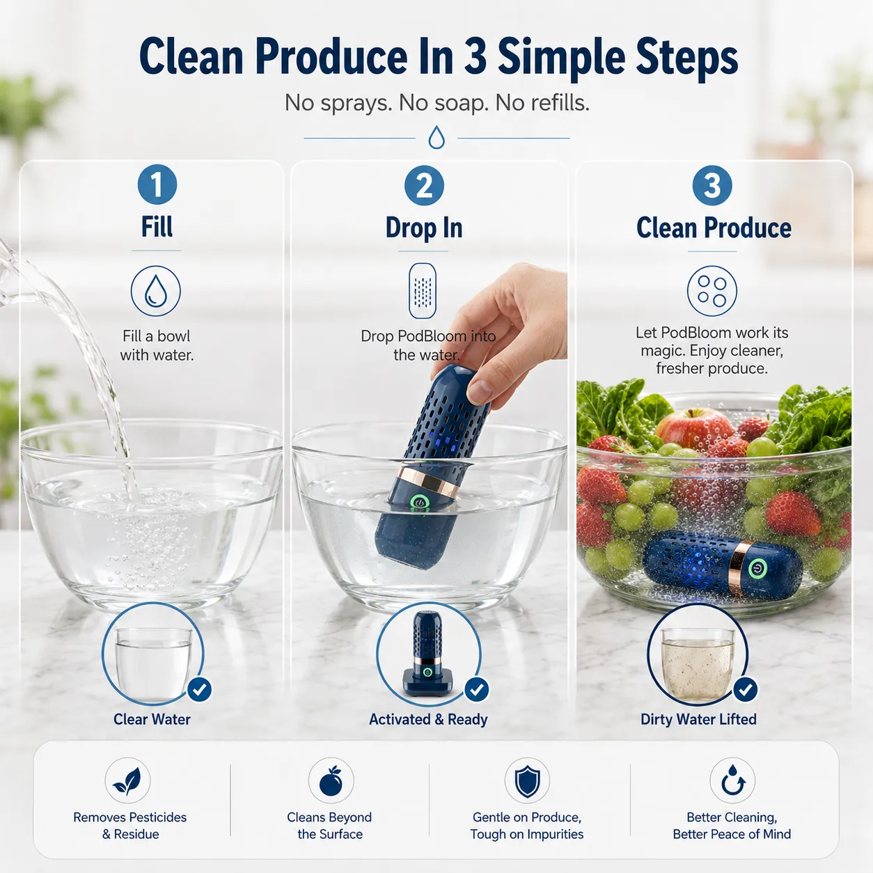 PodBloom Produce Cleaner How to use
